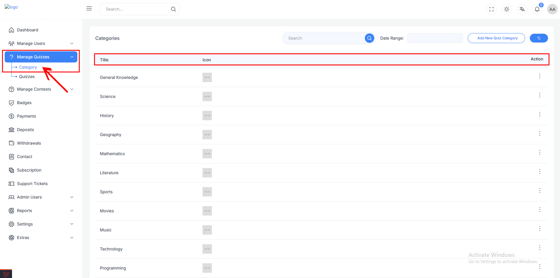 Quiz Categories Overview