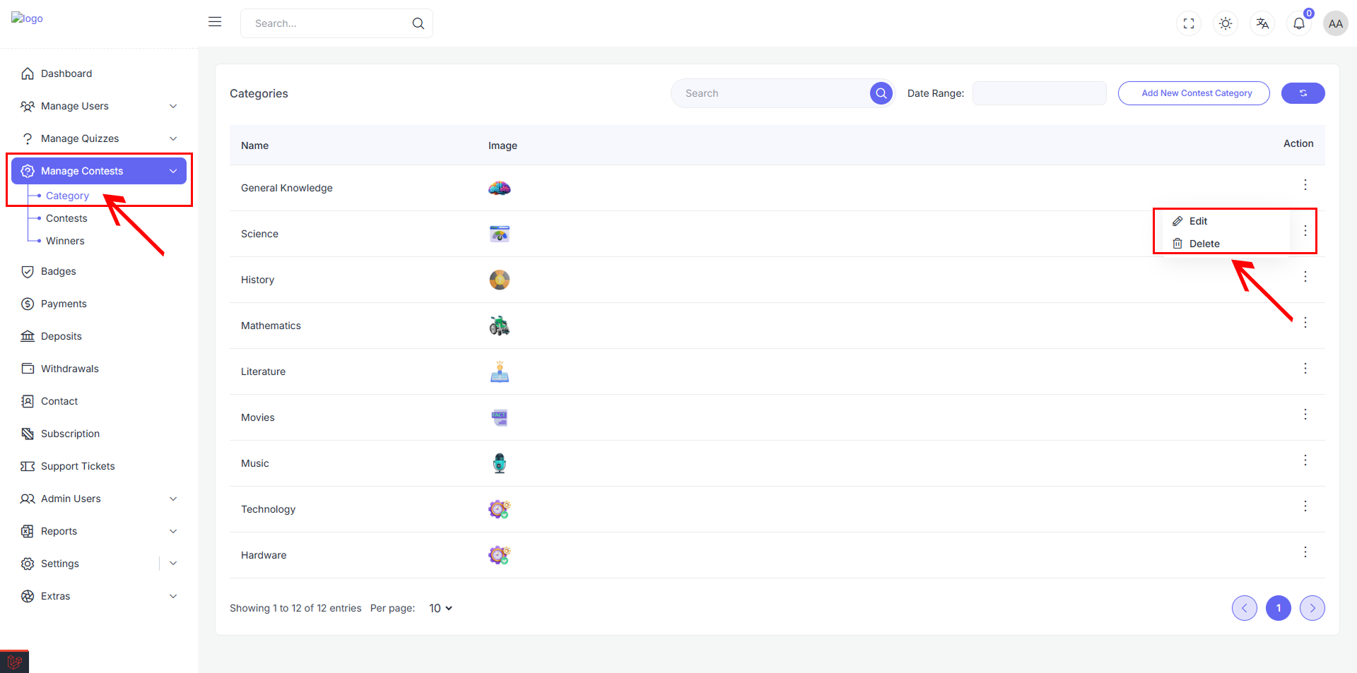 Category Action Menu