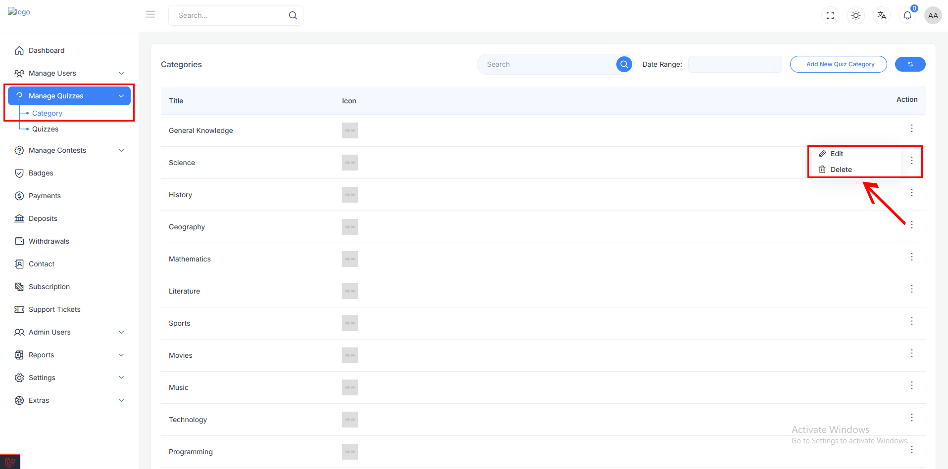 Category Action Menu