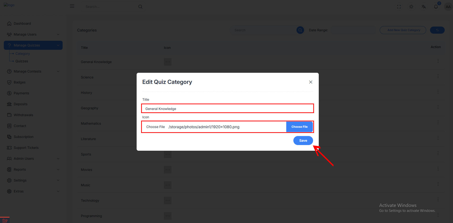 Edit Quiz Category
