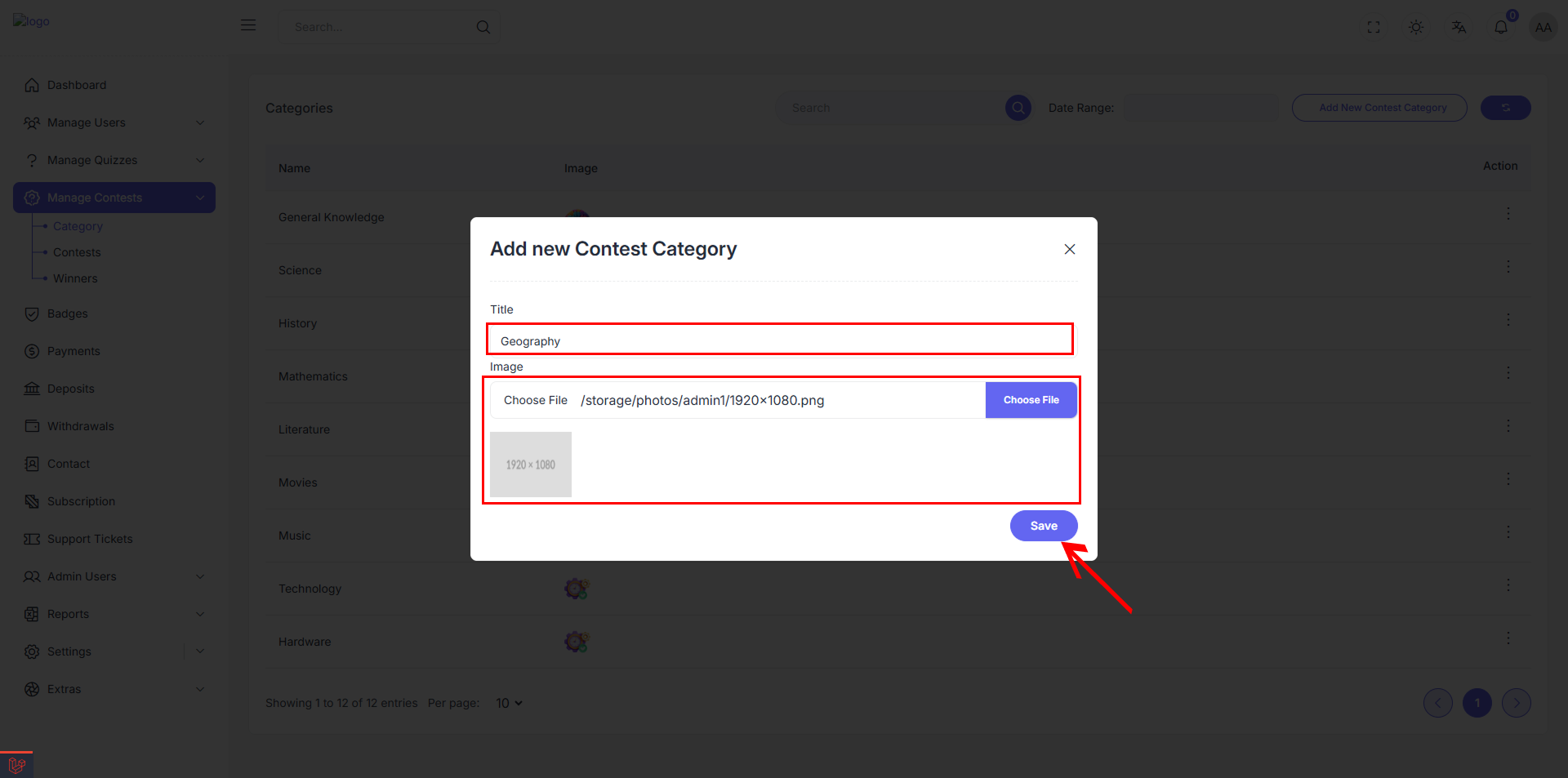 Add New Contests Category