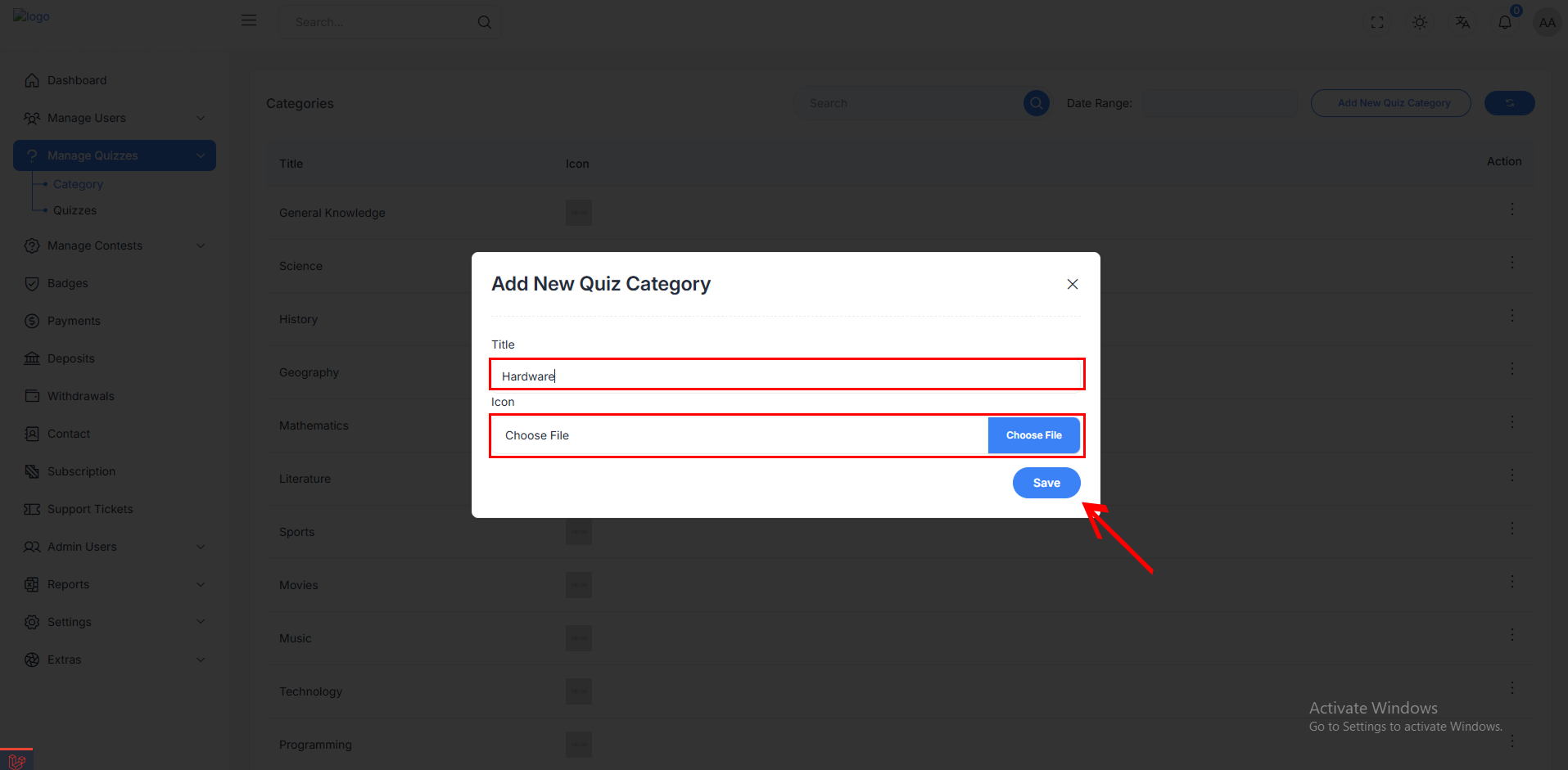 Add New Quiz Category
